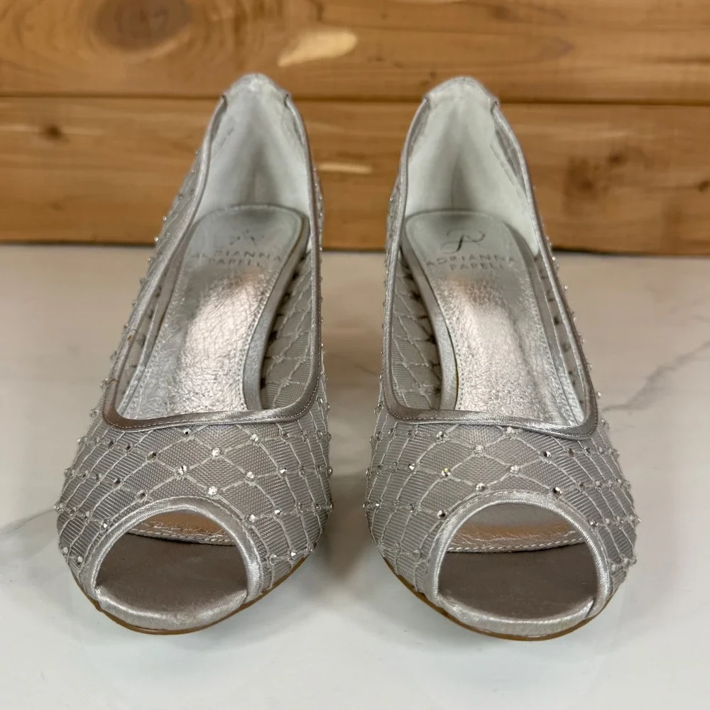 Adrianna Papell Jamie Silver Mesh Rhinestone Peep Toe Kitten Heel Womens 7 M